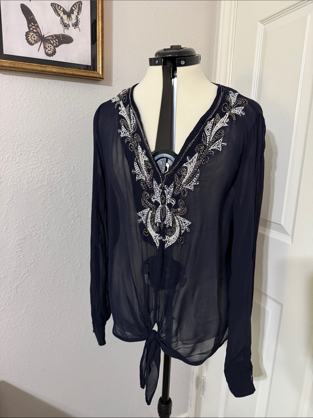 Karen Kane Sheer Navy Blouse with White Embroidered V-Neck and Tie Front